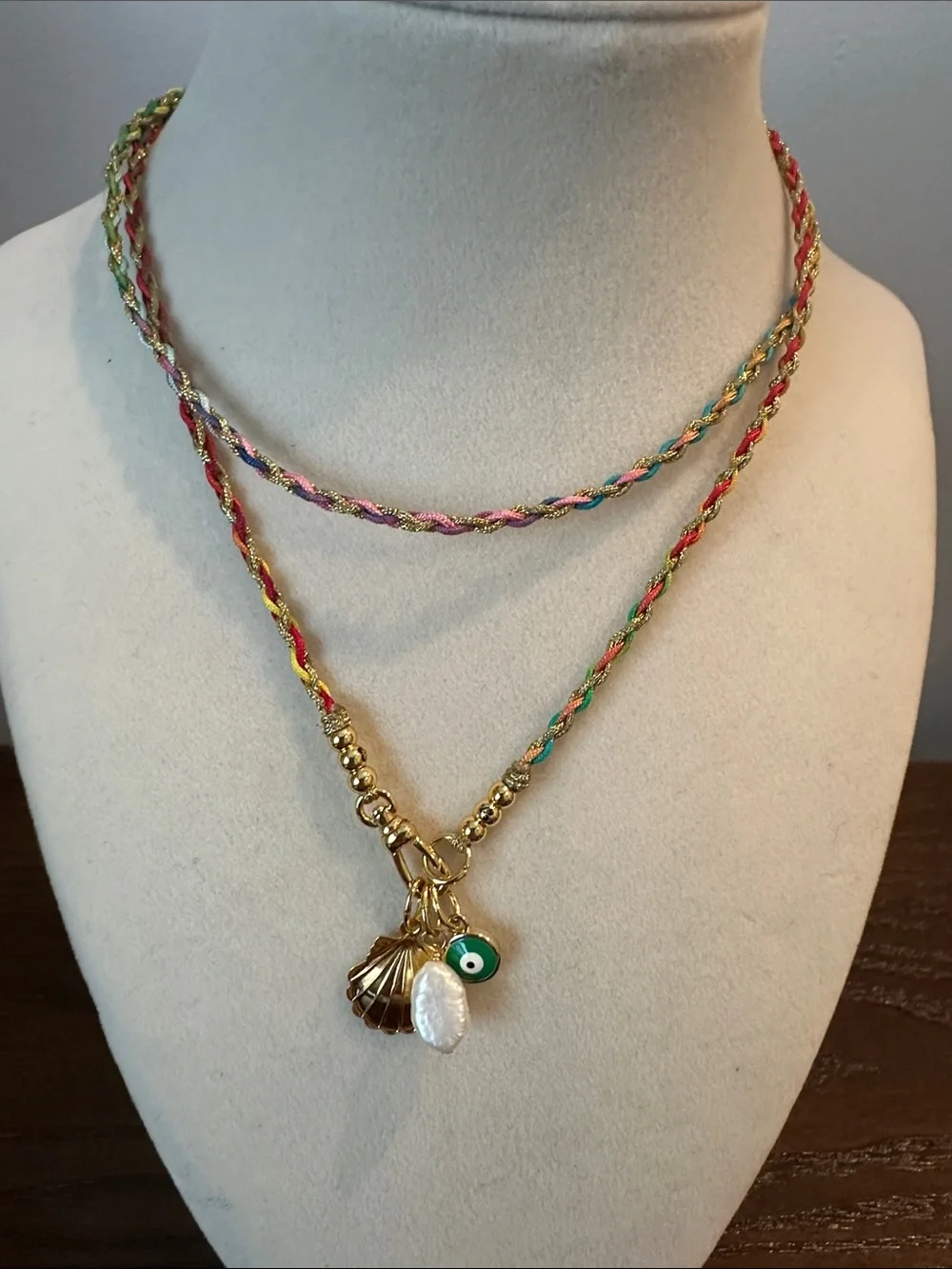 Gold Charm Multicolor Braided Necklace with Shell, Pearl & Green Eye